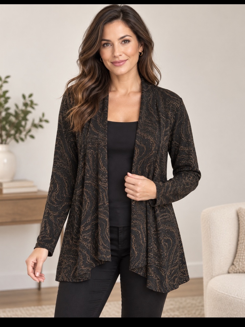 Soft Works Black and gold Metallic Swirl Open Front Cardigan Size M